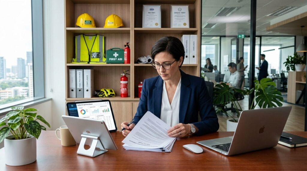 Business executive reviewing service contract documents at d