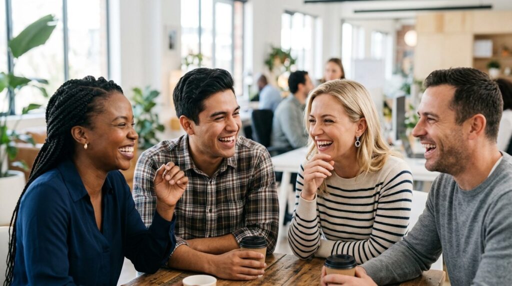 Close-up of business colleagues laughing together during a c