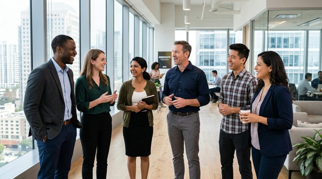 Group of business professionals in business casual attire st