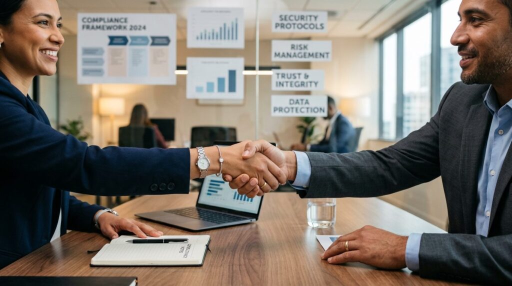 Close-up of business professionals shaking hands across a de