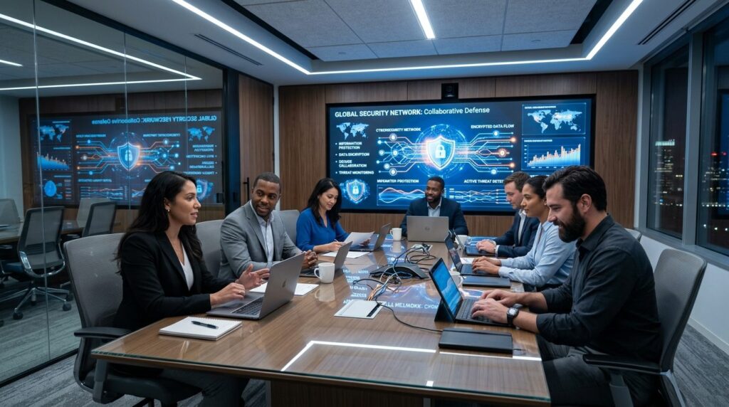 Network of connected business professionals collaborating ar