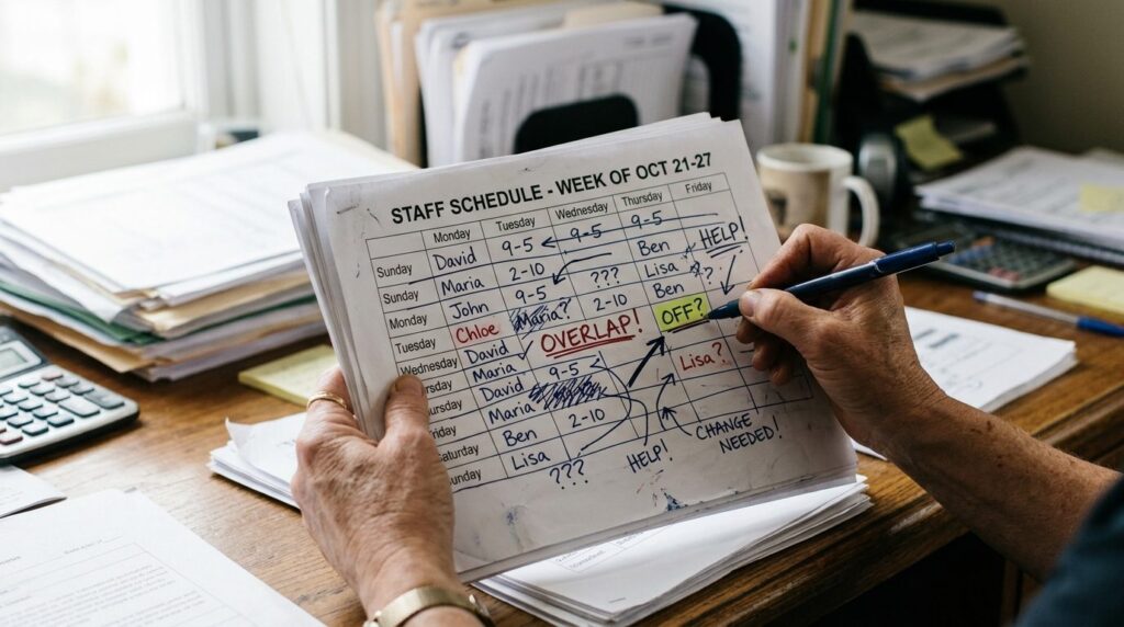 Close-up of business owners hands holding paper shift sched