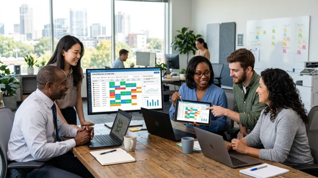 Diverse team of employees gathered around tablet and compute