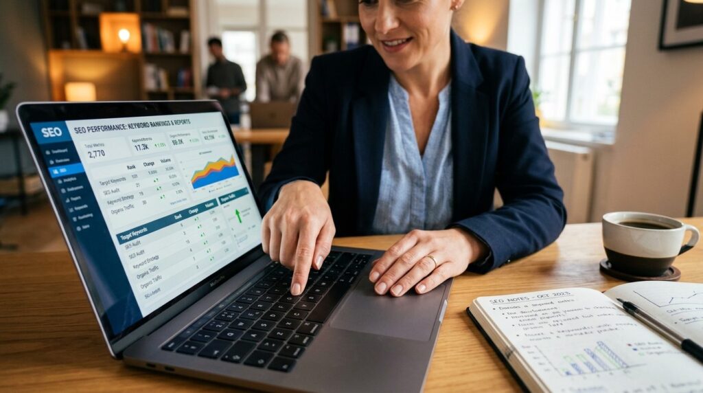 Close-up of business professionals hands pointing at laptop