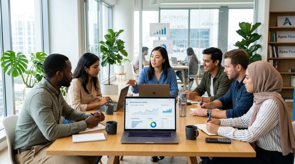 Diverse business team in startup office collaborating around
