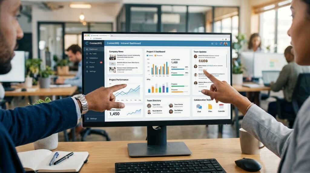 Close-up of business professionals hands pointing at an int