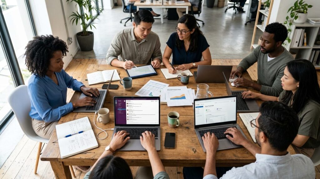 Overhead view of diverse corporate team working together at
