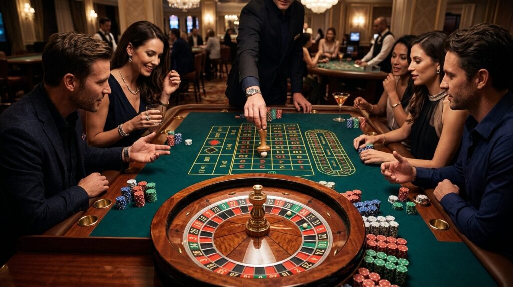 Top-down view of a casino roulette wheel with chips and prof