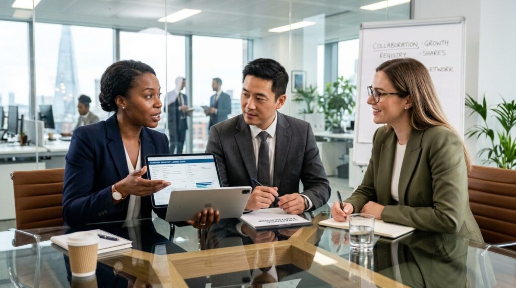 Group of three business professionals in meeting room discus