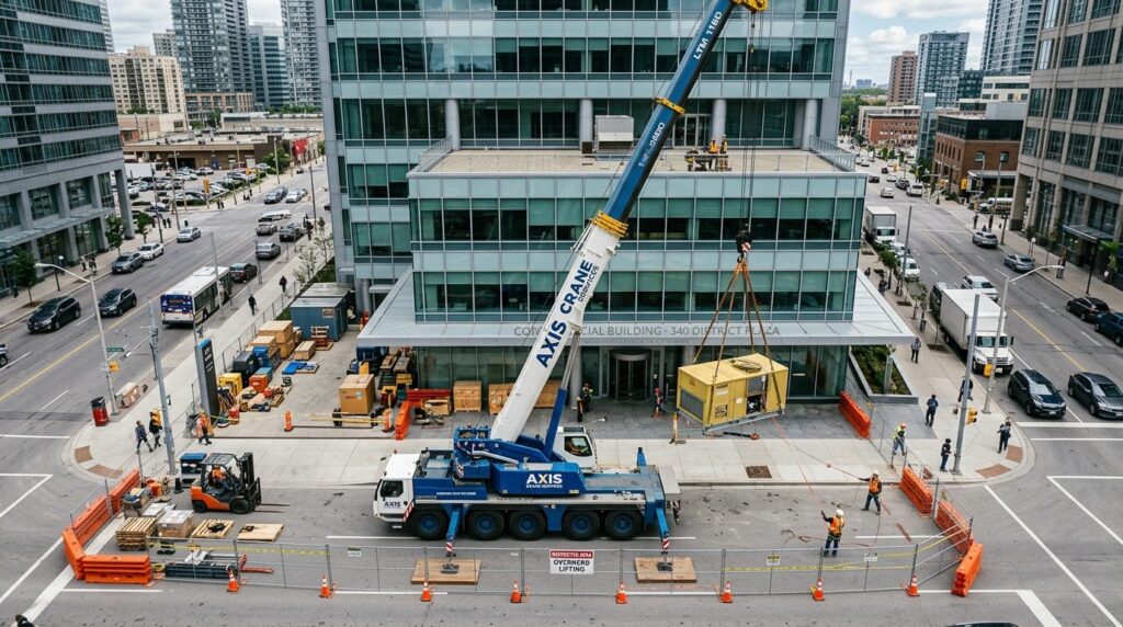 Overhead view of a specialized crane vehicle positioned at a