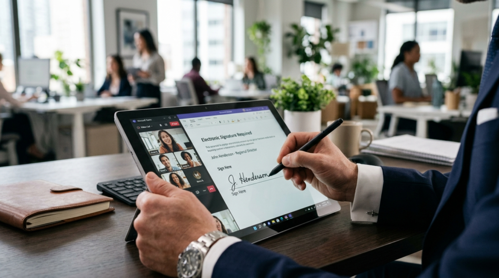 Close-up of businessmans hand signing electronic signature 