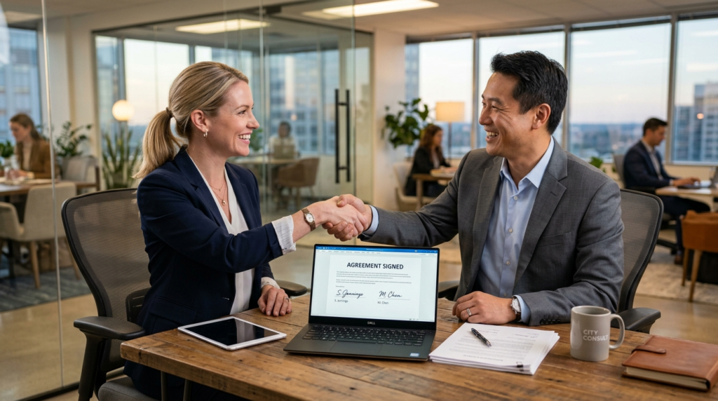 Two business professionals in modern office completing digit