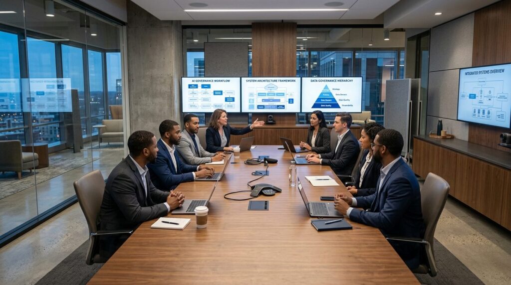 Wide-angle photograph of a modern corporate meeting room wit