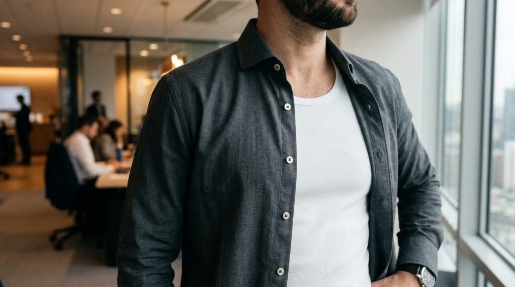 Close-up detail shot of high-quality white cotton undershirt