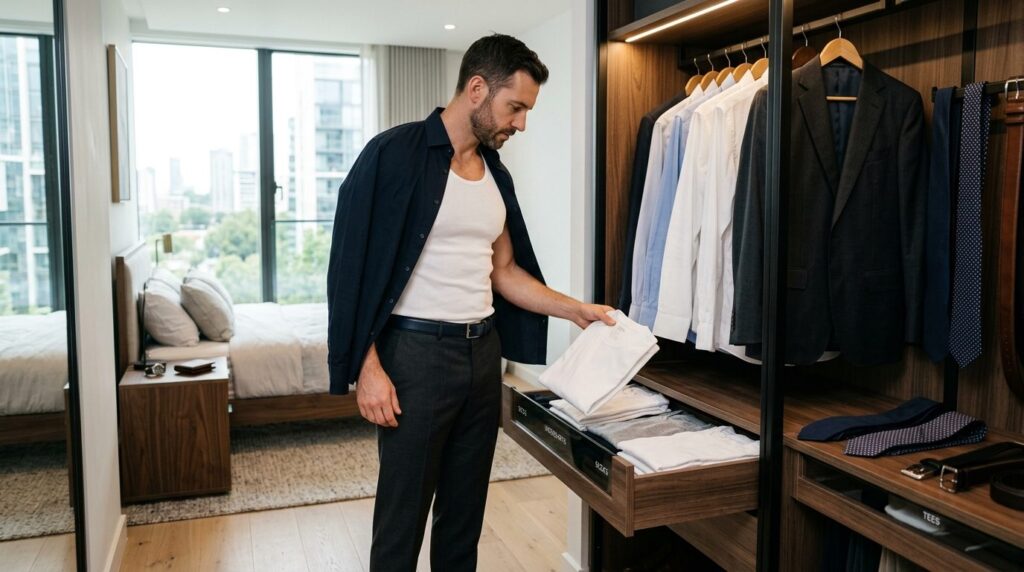 Business professional man getting dressed in modern apartmen