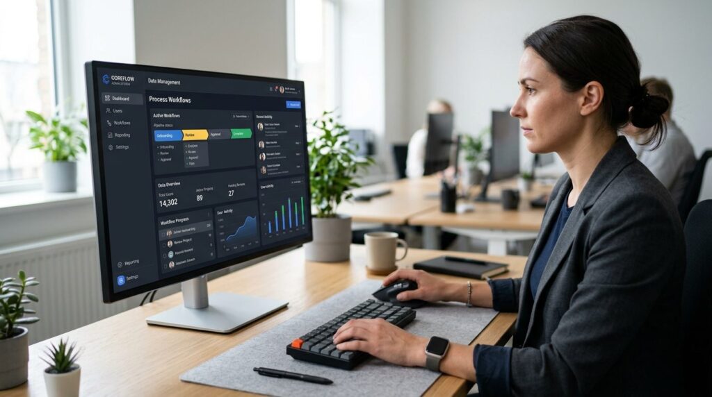Close-up of business professional using custom software dash