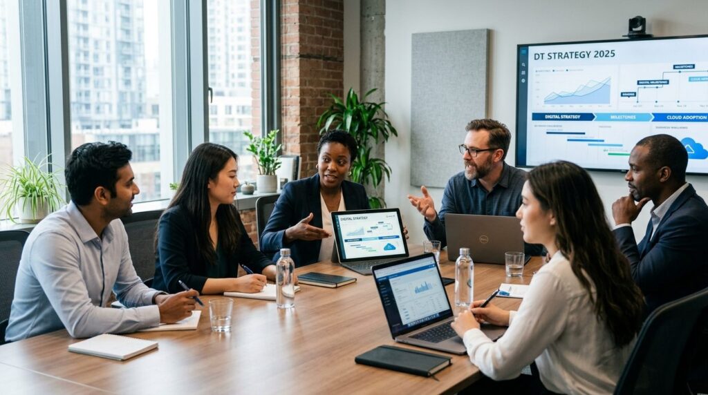 Business meeting with diverse team members discussing digita