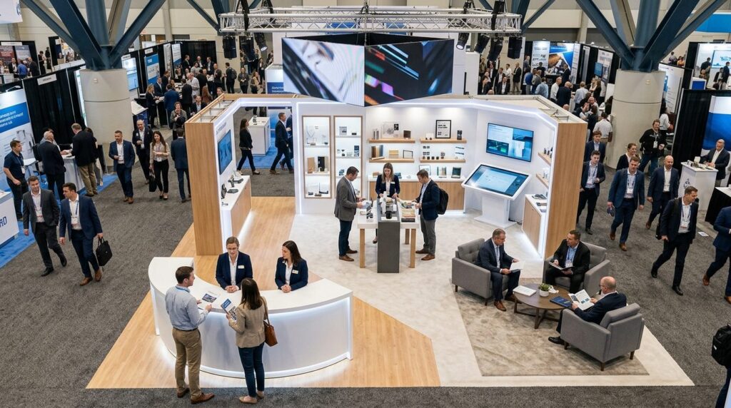 Overhead view of a trade show booth with an organized layout