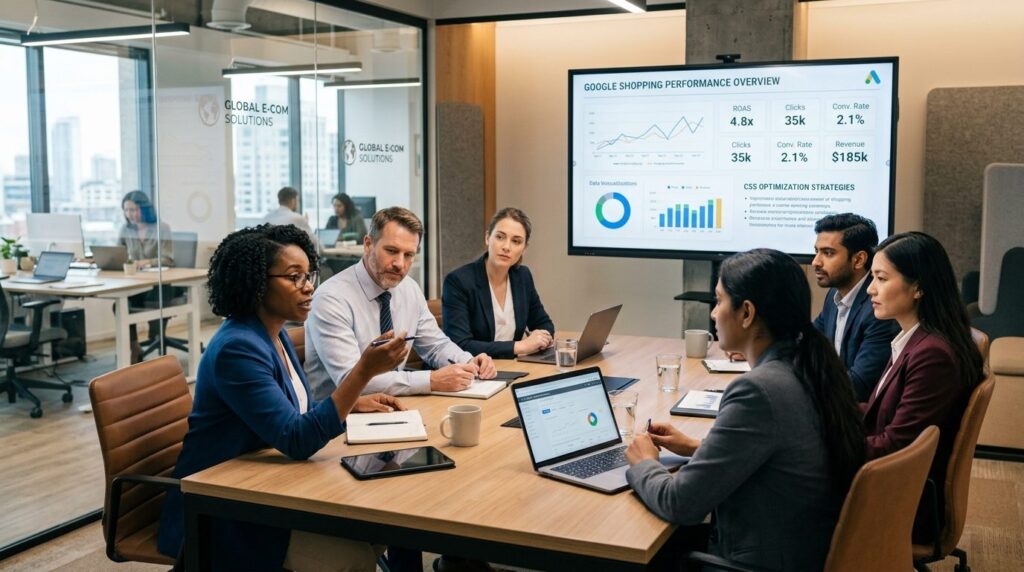 Wide shot of a diverse team of e-commerce specialists in a c