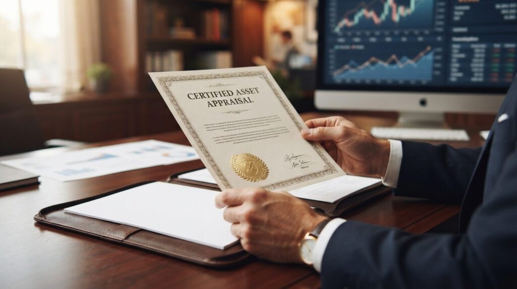 Close-up of professional hands holding certified asset appra