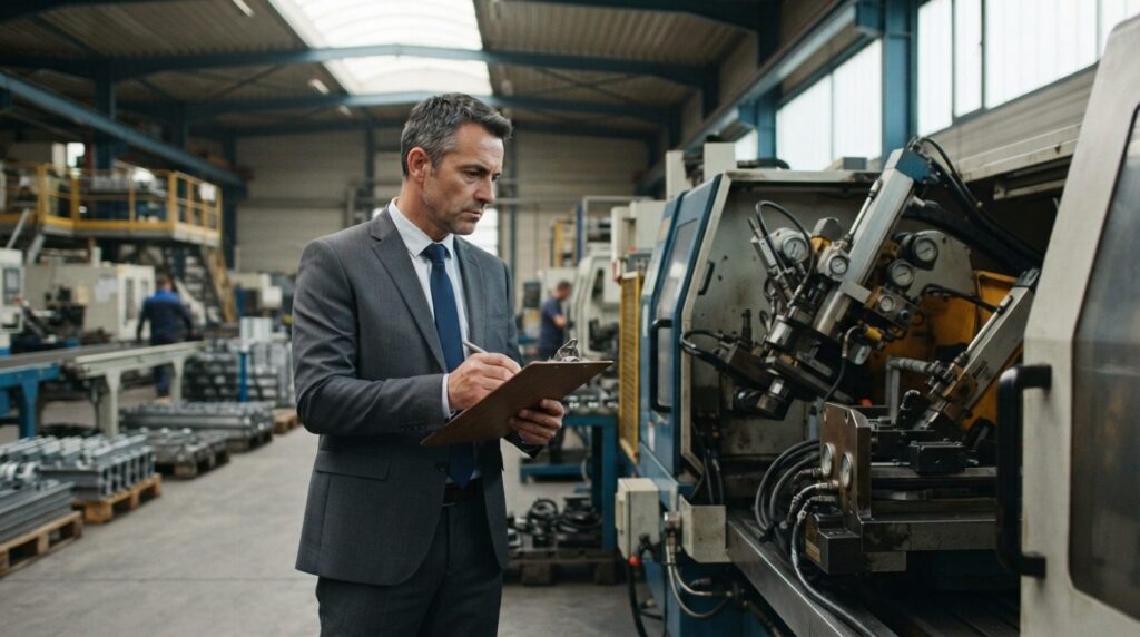 Professional appraiser in business suit examining manufactur
