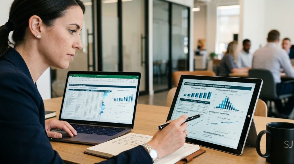 Close-up of business professional reviewing salary benchmark