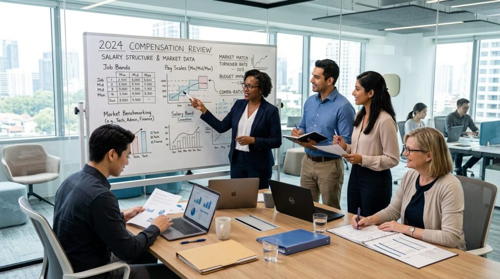 Diverse team of HR professionals in modern office conference