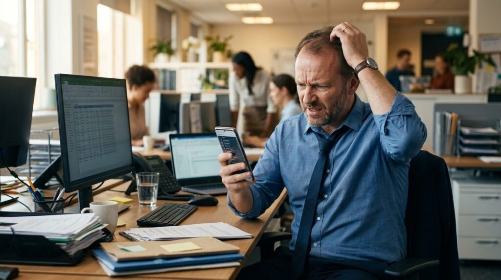 Frustrated businessman at desk looking at phone in hand with