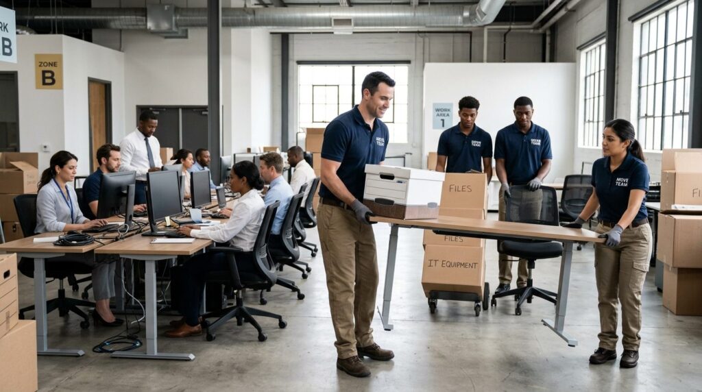 Business team managing commercial move transition: workers c