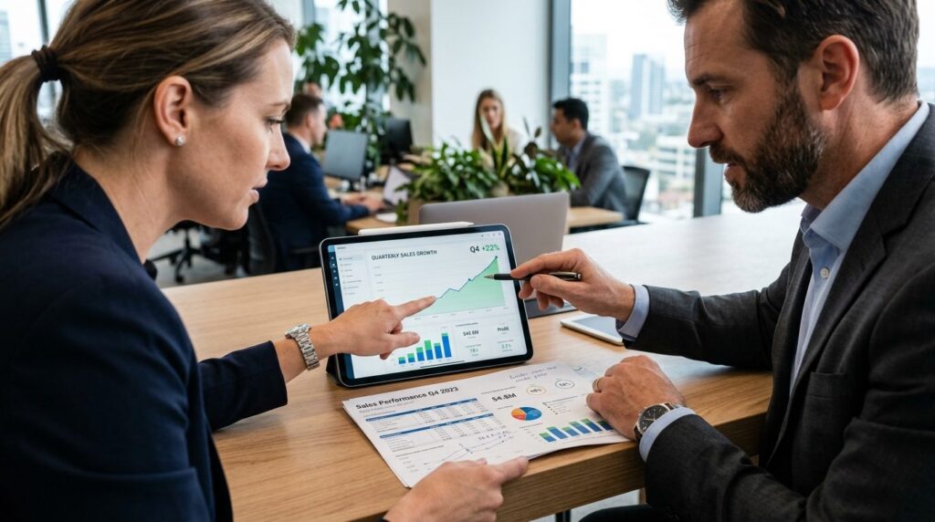 Close-up of business professionals analyzing sales charts an