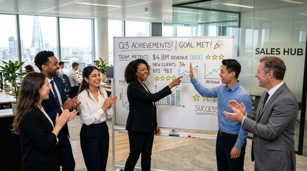 Motivated sales team in modern office celebrating success an