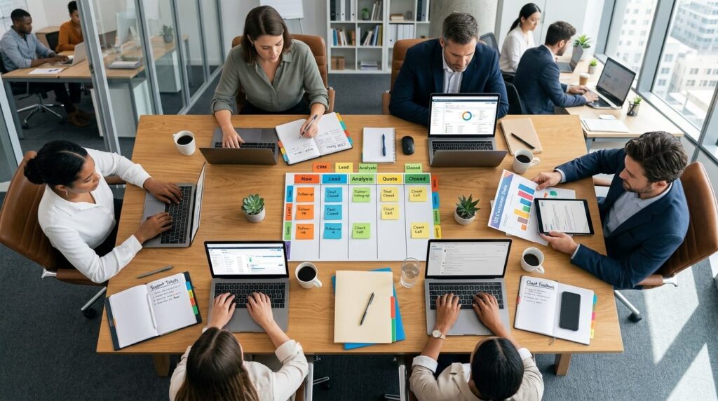 Overhead view of business team members at collaborative work