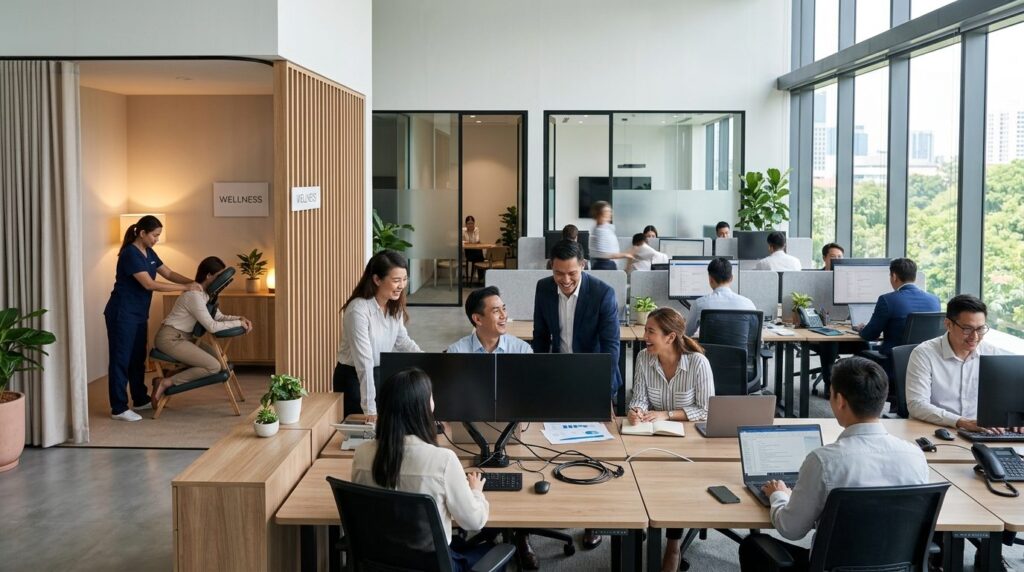 Busy modern office workplace with multiple employees at desk