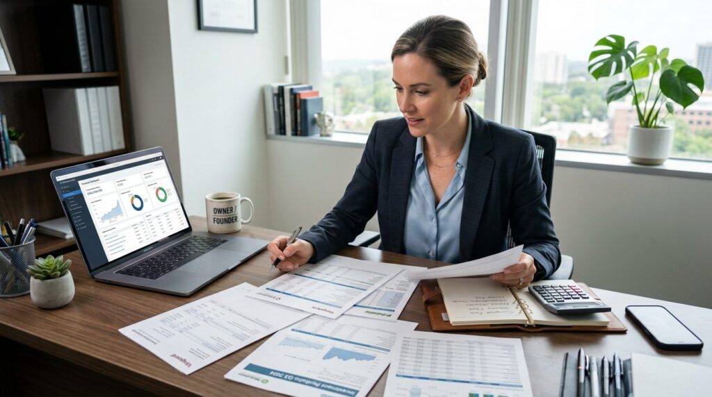 Business owner at desk comparing multiple brokerage accounts