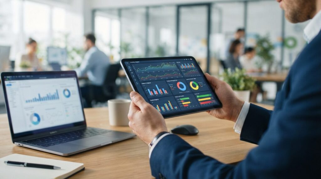 Close-up of business professionals hands holding a digital 