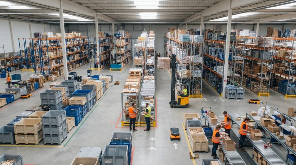 Aerial view of organized warehouse operations with clearly l