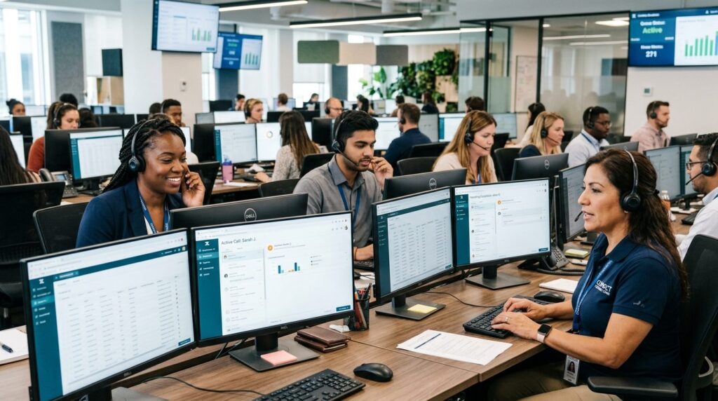 Close-up of business team in customer service call center, m