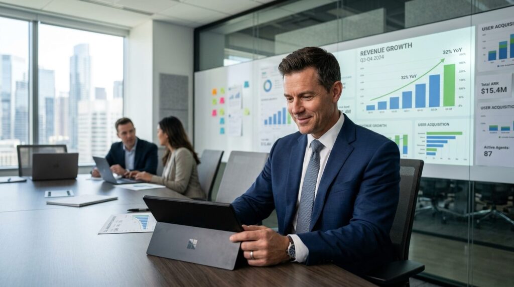 Confident male business executive in suit reviewing call man
