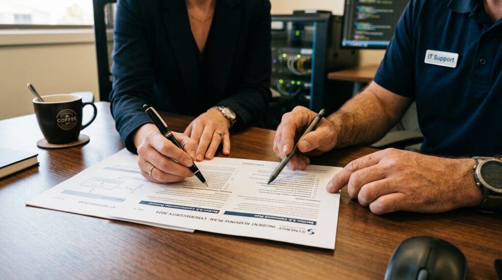 Close-up of business executives hands on desk reviewing inc