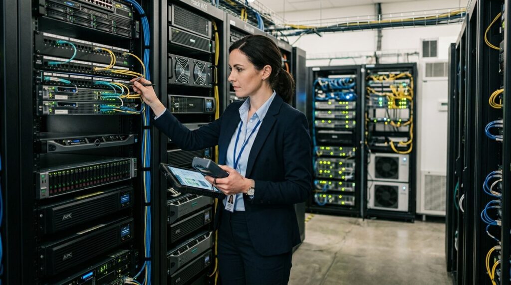 IT support professional in server room wearing professional
