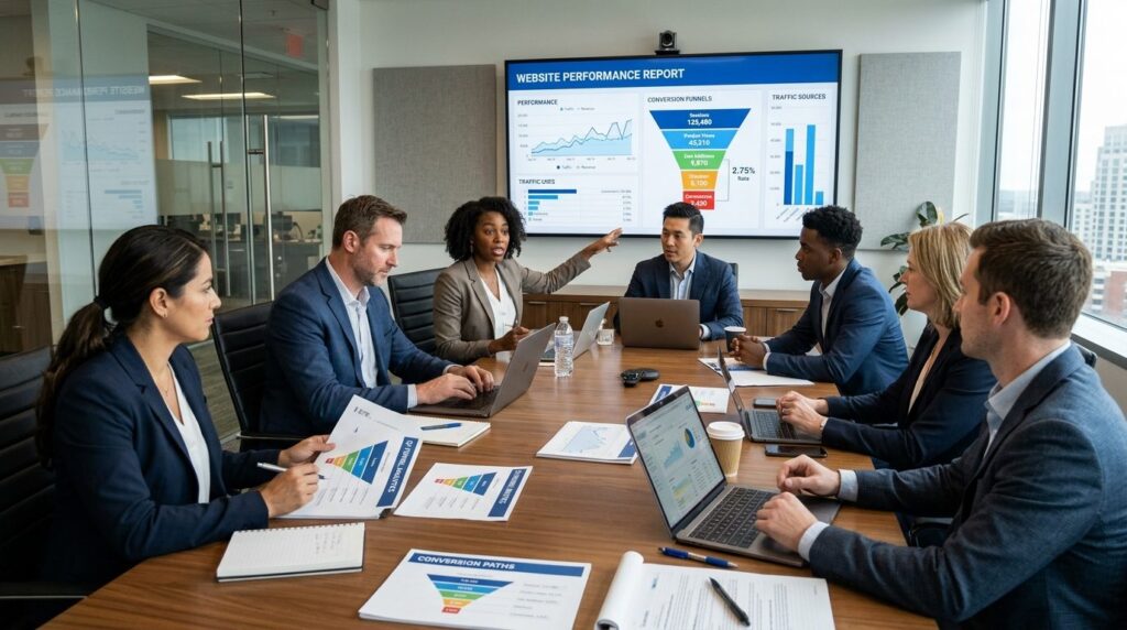 Corporate meeting room scene with diverse business professio