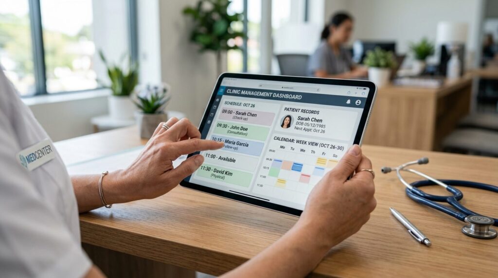Close-up of hands holding tablet showing clinic management d