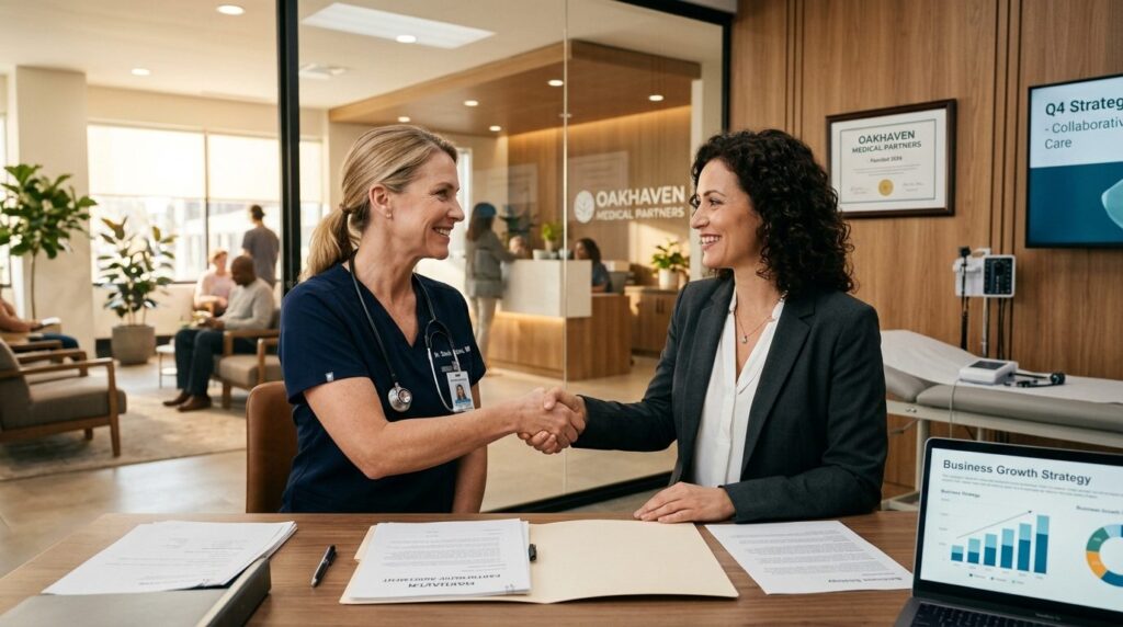 Two medical professionals in consultation room discussing bu