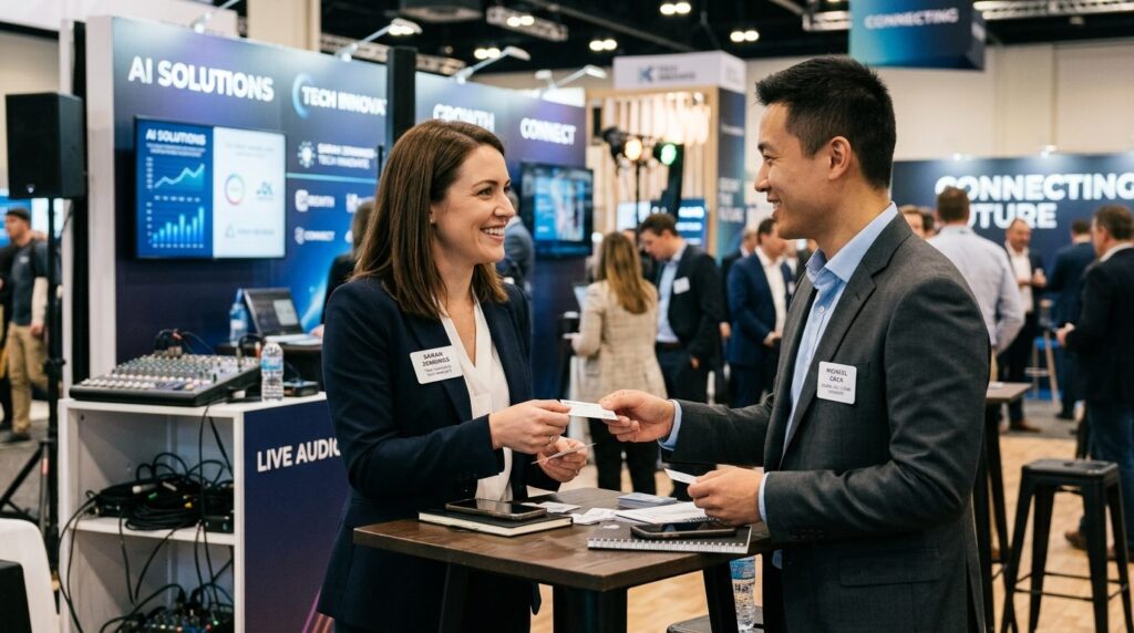 Close-up of business networking moment: professional man and