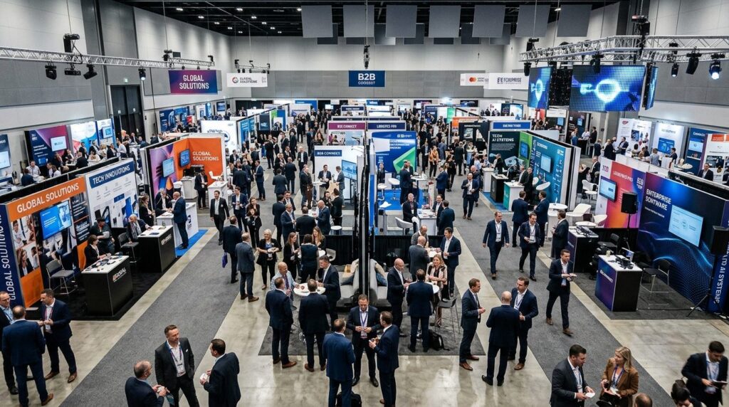 Overhead view of a busy B2B trade fair floor with multiple n