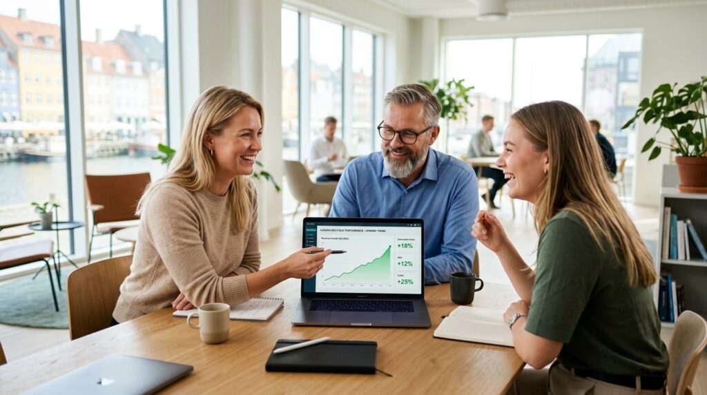 Optimistic business meeting scene with Danish entrepreneurs 