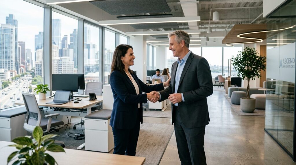 Commercial relocation success: Business leaders shaking hand