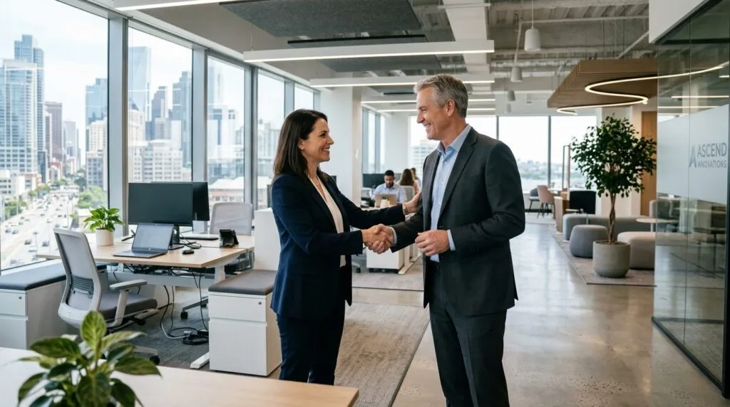 Commercial relocation success: Business leaders shaking hand