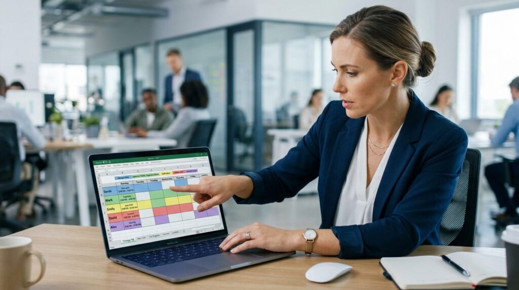 Close-up of business professional woman pointing at color-co