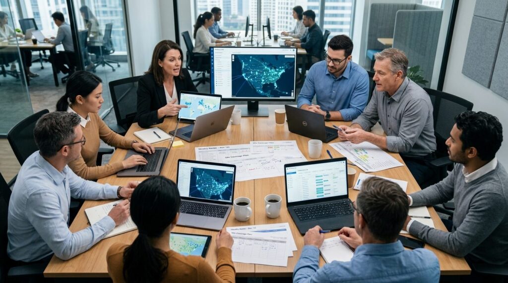Overhead shot of growing business team gathered around confe